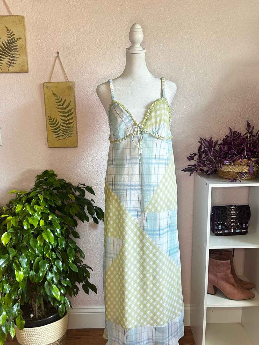 Y2K 2005 American eagle boho plaid gingham maxi dress M